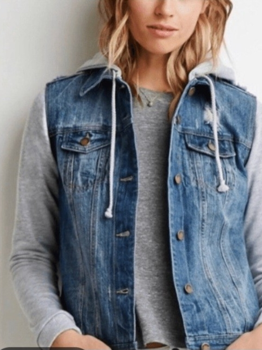 Life In Progress Denim Hooded Jacket with Grey Sweatshirt Sleeves